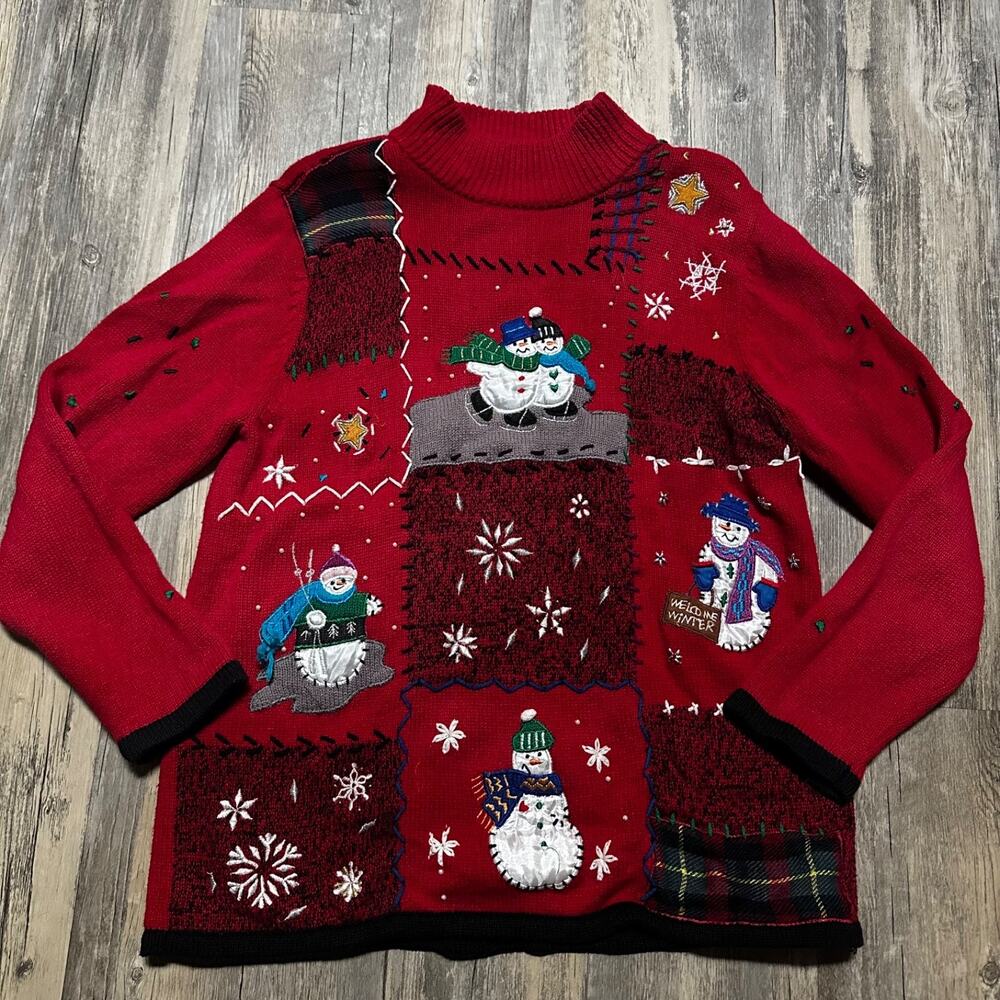 Rebecca Malone Vintage Christmas Sweater Women L Snowman Color Block
